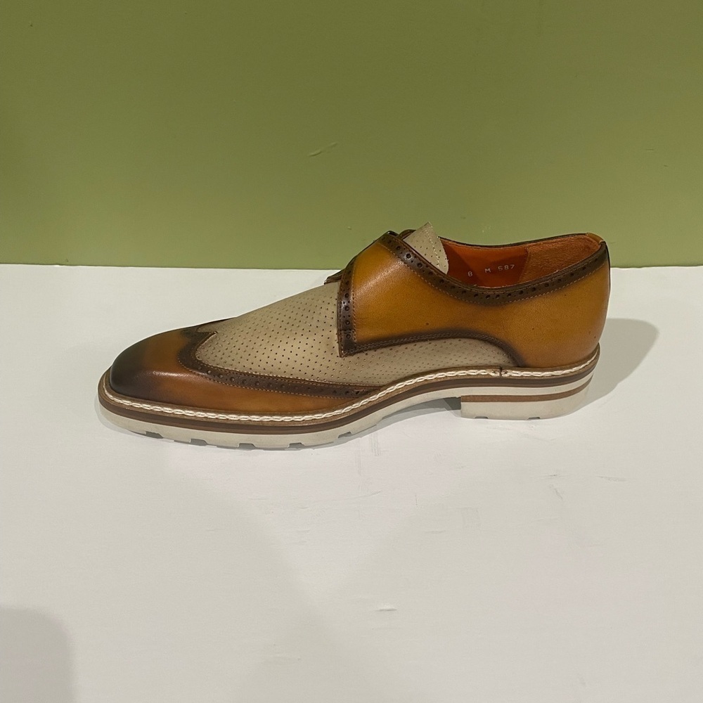 Mezlan shoes wing tip monk strap leather calf camel/bone 8 - Picture 3 of 6